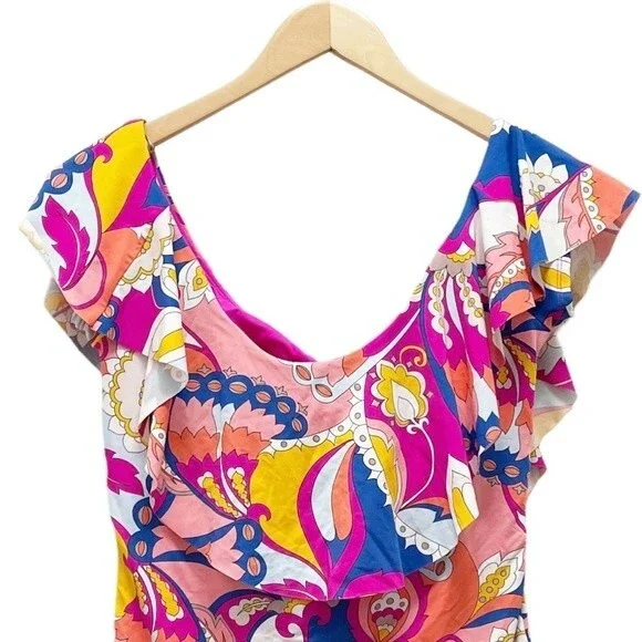 NWT Trina Turk Sevilla Ruffle One Piece Swimsuit Pink Blue Combo Women’s Size 14